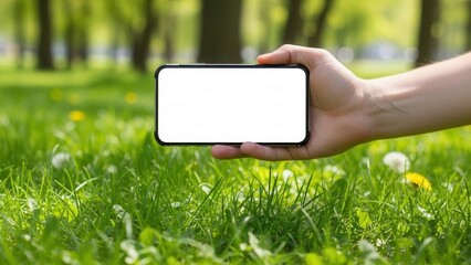 Hand holding smartphone with blank screen over green grass in summer park
