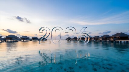 2026 countdown minimal business concept, elegant transparent “2026” typography floating above crystal blue ocean surrounding.