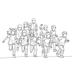 Dynamic Continuous Line Art Illustration of a Group of Diverse Children Running and Playing Together, Capturing Childhood Energy and Movement