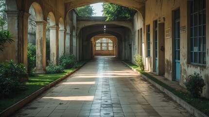 Obraz premium Vintage School Corridor Leading to the Library