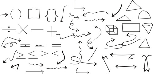 Collection of hand drawn arrows and mathematical symbols