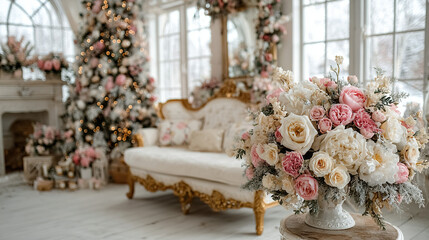 Elegant room decorated for Christmas with floral arrangements and vintage style furniture.