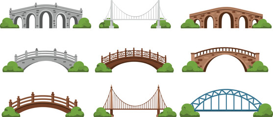 Set of various architectural bridge illustrations including stone arch bridges, modern suspension cable bridges, wooden footbridges, and steel truss structures for urban design.