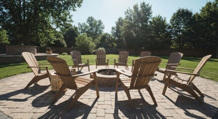 Outdoor patio with fire pit and Adirondack chairs. Sunny backyard setting