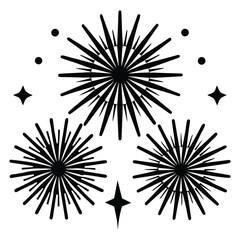 Three golden fireworks bursts illuminating the night sky, celebration, festive, New Year's Eve, sparkling