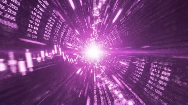 A vibrant purple tunnel of light with streaks and binary code streaming towards a bright central point