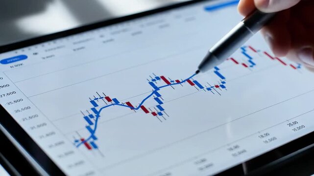 A hand holding a stylus over a tablet displaying a line graph with blue and red lines, indicating market trends and fluctuations