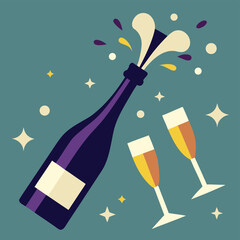 Stylized silhouette of a champagne bottle and splashing bubbles, festive celebration, abstract, vector