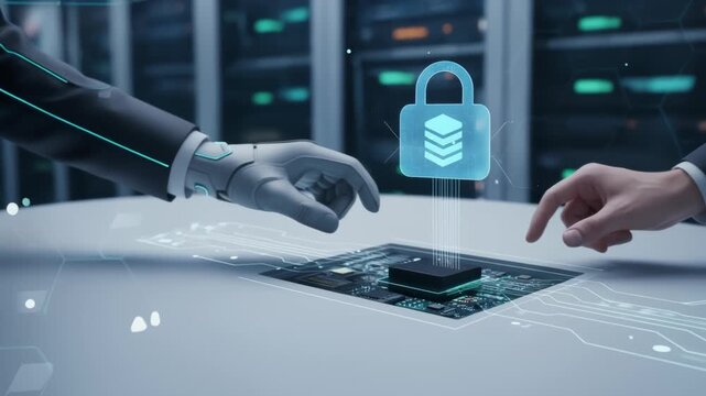 Data foundation quality AI transformation drives business with secure technology and robotic hand collaboration in advanced digital innovation