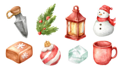 Detailed Watercolor Illustrations of Festive Holiday Tools and Decorations