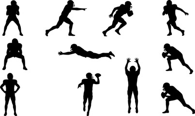 American football player silhouettes set, male athlete performing running, throwing, catching, and tackling actions, professional sports team game equipment vector illustration icons