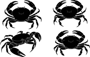 Black and White Crab Vector Silhouettes Collection, Marine Crustacean Graphic Set with Claws and Legs for Seafood, Ocean Life, Nautical, and Beach Holiday Design.