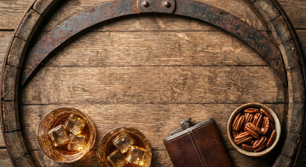 Western wedding whiskey glasses with leather flask and pecans on rustic wood barrel copy space