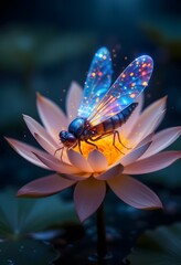 Magical iridescent dragonfly with glowing wings resting on a pink lotus flower in a fantasy pond