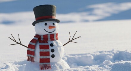 Obraz premium Snowman in winter wonderland. A cheerful snowman, crafted of snow, stands in a field of pristine white snow, wearing a top hat, scarf and button eyes