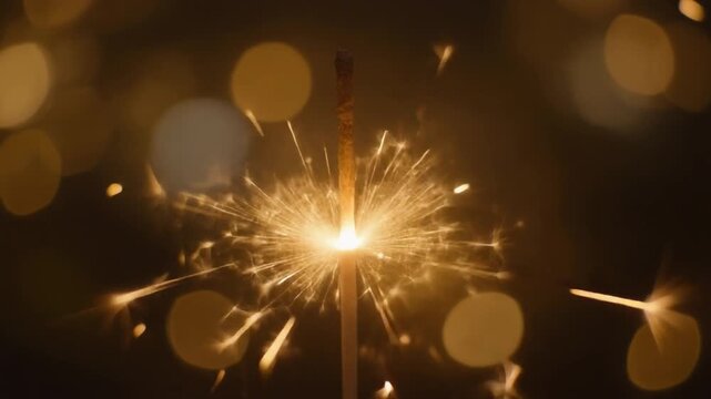 A sparkling firework explodes in the dark night sky with bokeh lights surrounding it