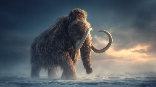 Majestic woolly mammoth in icy landscape at sunset
