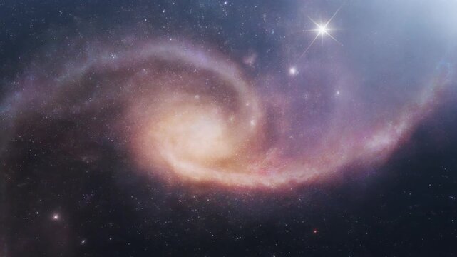 A majestic spiral galaxy shines brightly in the dark vastness of outer space viewed from a distant vantage point