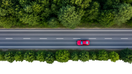 Aerial view of red car driving on highway through green forest isolated on a transparent background road 1