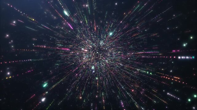 Vibrant lights exploding in a dark space creating a dynamic visual effect from a central point