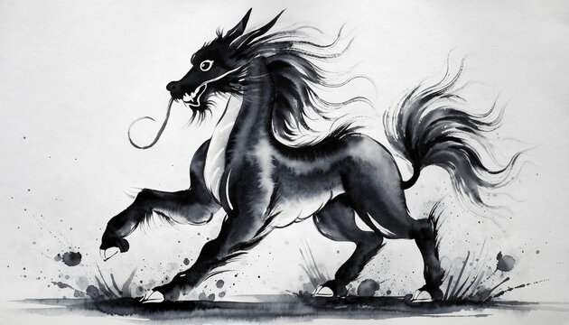 麒麟を描いた吉祥瑞獣の白黒墨絵水墨画