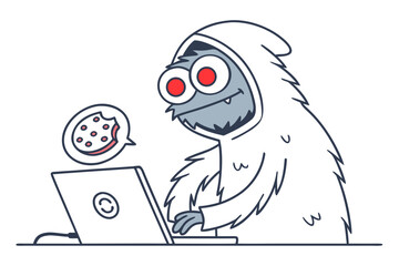 A furry creature uses a laptop while contemplating digital cookies