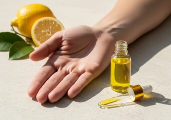 Fresh lemon essential oil applied by hand 