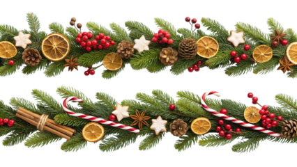 Christmas garland with pine branches, dried oranges, pinecones, candy canes, and red berries on 1