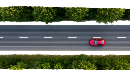 Aerial view of red car driving on highway surrounded by green trees isolated on a transparent background 1