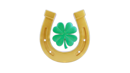 Golden Horseshoe with Clover Symbol on White Background