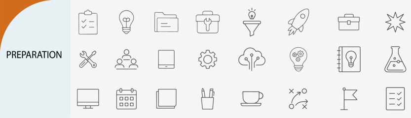 preparation themed outline icons, minimal vector symbol set