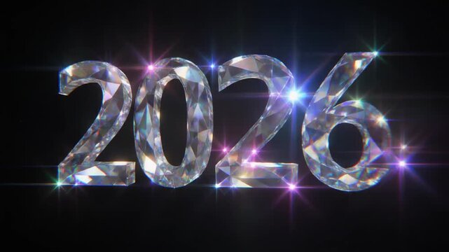 Brightly sparkling diamond typography of 2026 features colorful flares on a dark, high-contrast background.