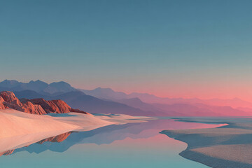 Fototapeta premium A minimalist landscape with soft sand dunes, calm water, and multi-layered mountain ranges on the horizon. 