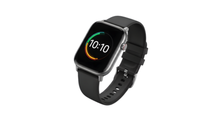 A sleek smartwatch with digital display isolated on transparent background
