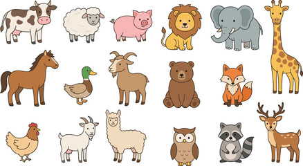 Obraz premium Cute cartoon farm and wild animal illustration set with cow, sheep, lion, elephant, giraffe, fox and forest animals