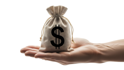 Hand holding a money bag isolated on transparent background