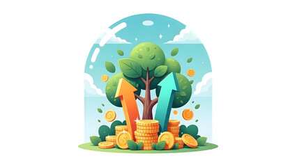 Tree growing on coins isolated on transparent background