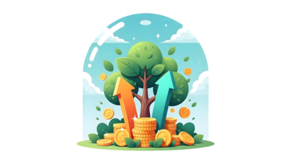 Tree growing on coins isolated on transparent background