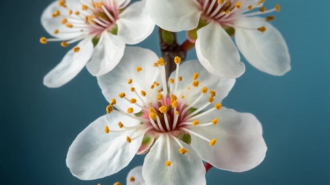 Macro timelapse wild plum flower blossoming against smooth blue gradient background spring nature beauty growth