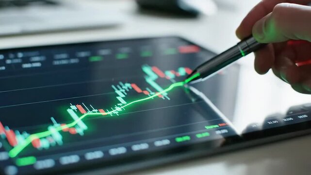 A hand holding a sleek pen points to a specific data point on a tablet screen displaying a dynamic graph with green and red lines and accompanying numerical values