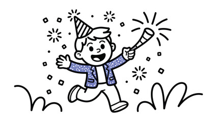 Celebratory Joy: a whimsical illustration of a lively child in a celebratory atmosphere, the scene is a blur of merriment, featuring a child fully immersed in joy. 