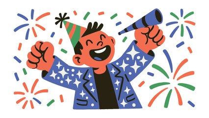 Celebration Joy: An Illustration of pure joy, celebrating with confetti, party hat, and fireworks. Capturing a moment of pure bliss and jubilation.