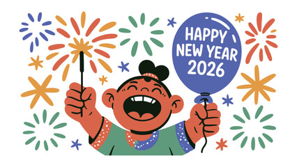 New Year's Celebration: A joyous illustration of a person celebrating New Year's Eve, surrounded by fireworks and holding a Happy New Year 2026 balloon.