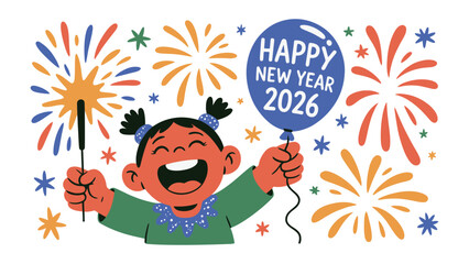 New Year's Joy: A cheerful young girl beams with excitement, holding a sparkler and a celebratory balloon, framed by festive fireworks that light up the sky.