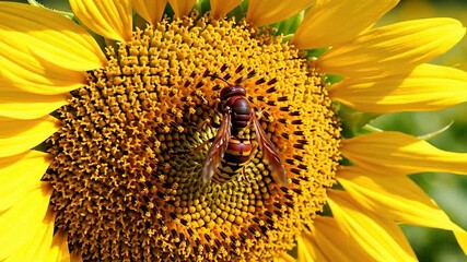 A vibrant closeup shot captures a busy bee diligently collecting nectar and pollen from the intricate center of a bright yellow sunflower showcasing the beauty of nature and the vital process of poll.