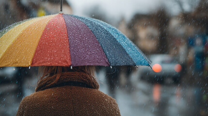 Fototapeta premium Woman with Colorful Rainbow Umbrella in Rain