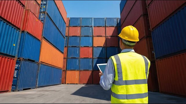 Logistics manager inspecting shipping containers with digital tablet at commercial port terminal, global supply chain concept
