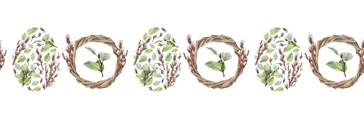 Watercolor seamless border with Easter ornate egg with willow and wreath on white background. Spring celebration card invite and textile with green leaves. Holiday rim for wallpaper or wrapping © NatashaKun