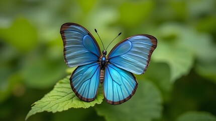 Morpho butterflies closeup perched on a green leaf