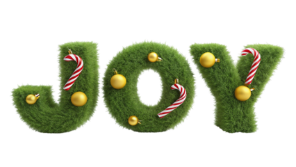 Green grass letters spelling joy with gold baubles and candy canes